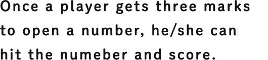 Once a player gets three marks to open a number, he/she can hit the numeber and score.