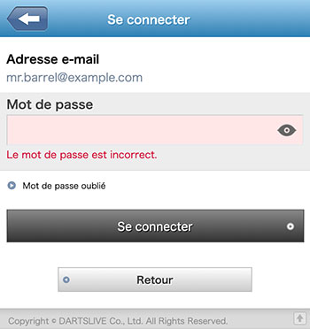 Concernant les problèmes de connexion à l'Appli DARTSLIVE
